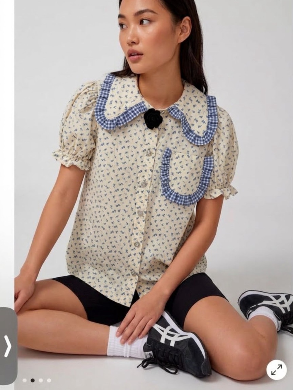 Sister Jane Floral Puff-Sleeve Button-Front Top with Blue Gingham Trim size L